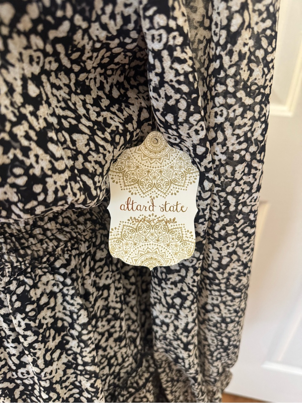 Altar'd State Black and Cream Floral Smock Waist Ruffle Tiered Long Sleeve Dress - Picture 4 of 9